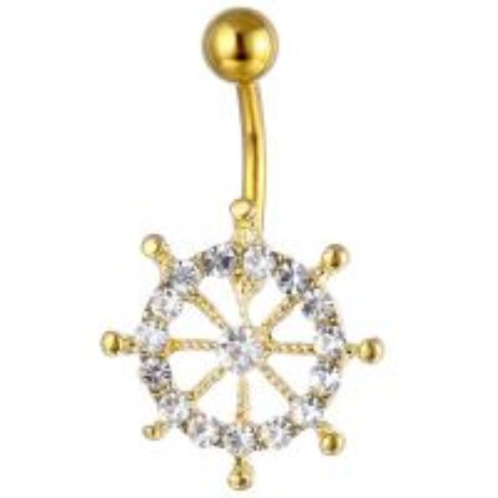 Gold Ships Wheel Zircon Clear Crystal Belly Ring
